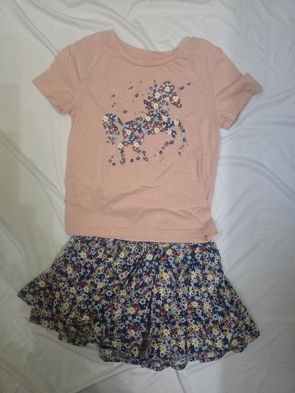 Pink Unicorn Floral Tee and Floral Skirt Set